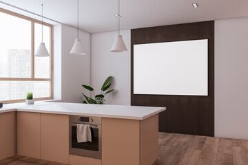 Closeup view of empty modern kitchen interior with blank white poster and wooden floor, mockup. 3D Rendering