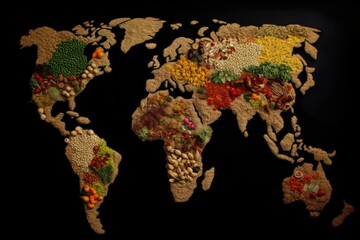 Feeding the World Sustainably, how can the world be fed in future. World Map made from different food. AI generative