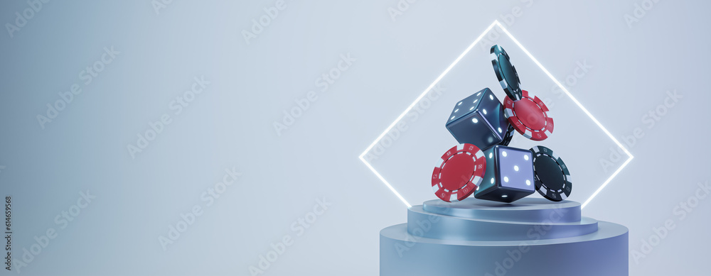 Poster casino chips and cubes on light blue background with empty space, mockup. 3d rendering