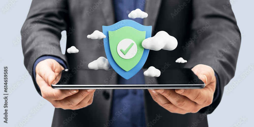 Aufkleber close up of businessman hands holding tablet with digital shield and clouds on light background. sec