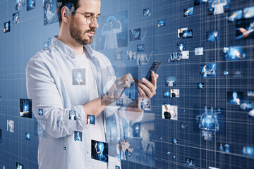 Attractive european man using smartphone with connecting businesspeople, technology, metaverse and video conference concept. Creative images connected on blurry blue background.