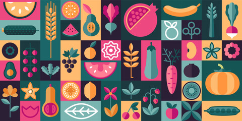 Geometric organic food. Nature abstraction background with farm fresh food and stylized vegetables, eco restaurant menu brochure design. Vector illustration - obrazy, fototapety, plakaty