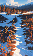 겨울 산, 눈 덮인 숲 속 풍경, 세로 비율 Winter mountains, snowy woodland landscape, Vertical ratio