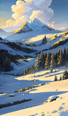 겨울 산, 눈 덮인 숲 속 풍경, 세로 비율 Winter mountains, snowy woodland landscape, Vertical ratio
