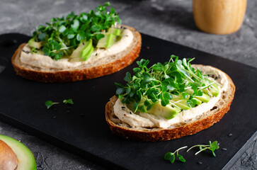 Avocado Hummus Toast with Sprouts, Healthy Snack, Breakfast, Vegetarian Meal