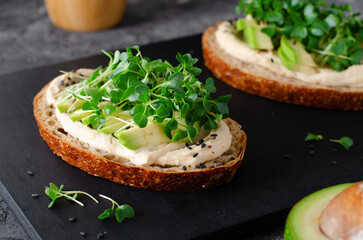 Avocado Hummus Toast with Sprouts, Healthy Snack, Breakfast, Vegetarian Meal