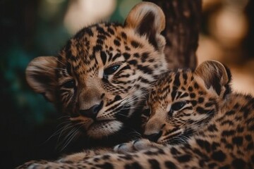 Obraz premium Serenity and Camaraderie: Two Baby Leopards Resting Together in Natural Environment