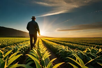 farmer walk in corn field  and sunrise