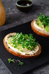 Avocado Hummus Toast with Sprouts, Healthy Snack, Breakfast, Vegetarian Meal
