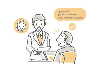 上司に育児休暇を申請する男性社員と快諾する上司　シンプルでお洒落な線画イラスト
