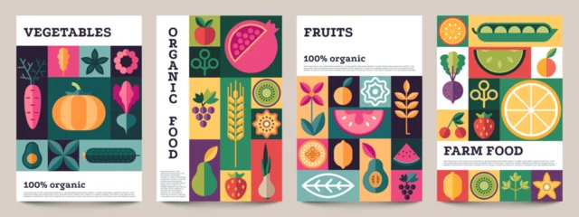Fotobehang Organic food geometric poster. Minimal abstract layout of nature organic vegetables for food label or package. Vector vegan brochure cover collection © Tartila