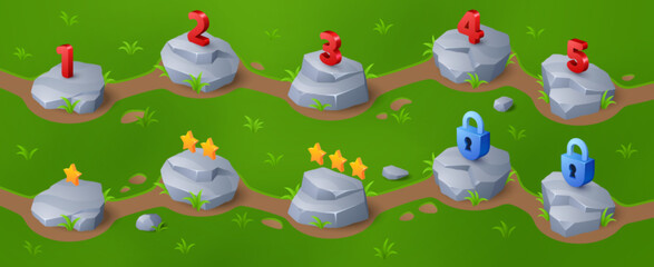 Naklejka premium Game level indicator to select on map ui interface cartoon design. Isometric green lawn with stone boulder mark, number and star. Nature pointer and lock place. 2d progress selection template
