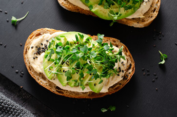 Avocado Hummus Toast with Sprouts, Healthy Snack, Breakfast, Vegetarian Meal