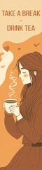 Woman holding Cup of Tea Bookmark Design 2x8 inches Created with Generative AI Tools