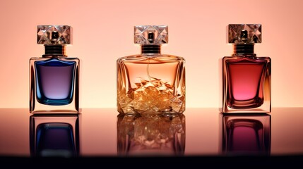 A captivating image showcasing a bottles of perfume. Beautifully represents the allure, luxury, and sophistication associated with fragrances. Generative AI