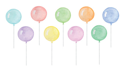 A set of vector watercolor multicolored balloons isolated on a white background.