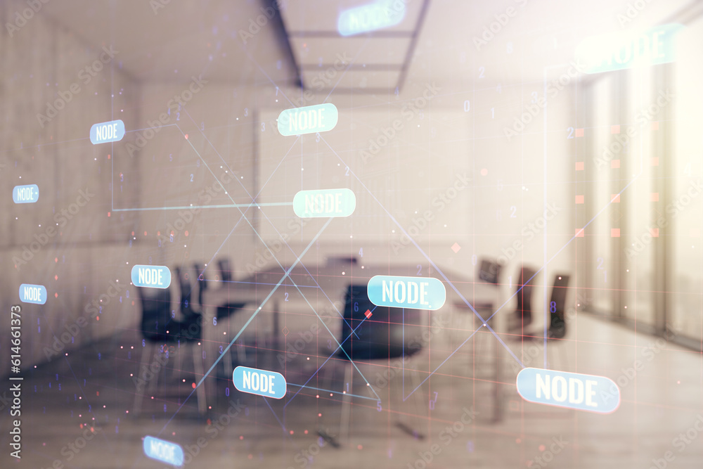 Poster multi exposure of abstract creative coding sketch on a modern conference room background, artificial