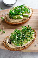 Avocado Hummus Toast with Sprouts, Healthy Snack, Breakfast, Vegetarian Meal