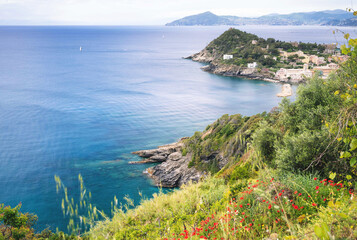 Obraz premium view of the region sea from the mountain, Mediterranean Sea, Sestri Levante