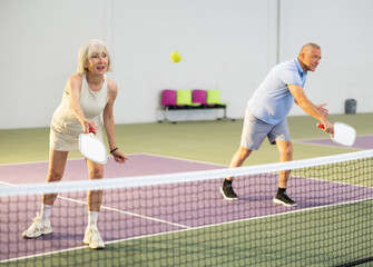 Obraz premium Athletic seniors playing pickleball on the court indoors
