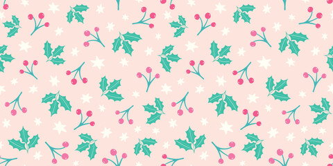 Christmas holly and berries vector pattern background border in pink and green. 