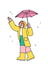 People on the street on a rainy day. A child wearing a raincoat is holding an umbrella and enjoying the rain. Simple flat design style illustration with outlines.