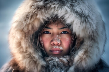 Portrait of an Eskimo on a snowy day - obrazy, fototapety, plakaty