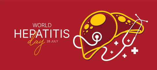 World Hepatitis Day - Liver sign with stethoscope rolling around and cross sign on red background vector design