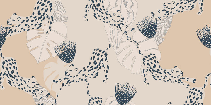 Abstract botanical print with leopards. Cute minimal abstract contemporary seamless pattern. Hand drawn unique print.