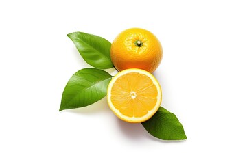 Orange with cut in half and green leaves isolated on white background. Orange juice. Generative ai