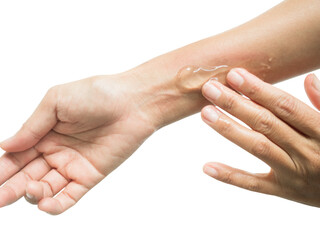 Fototapeta premium Aloe Vera Gel Face Skin Cream Apply Testing on Hand Body,Moisturizer Care Facial Mask Lotion for Injury,Cosmetic Beauty Skincare Girl,Herbal Spa in Home,png file