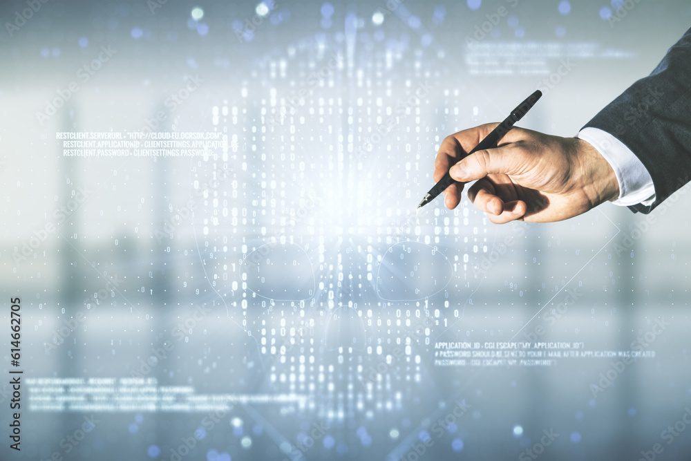Poster male hand with pen working with abstract virtual creative code skull hologram on blurred office back