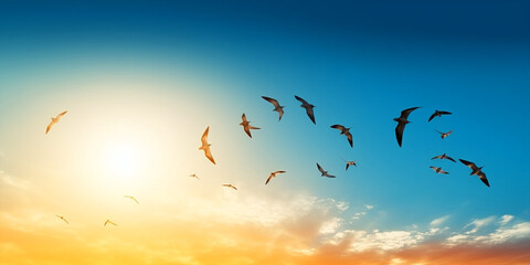 Fototapeta premium sunrise new day and flying flock of birds 