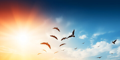 Obraz premium sunrise new day and flying flock of birds 