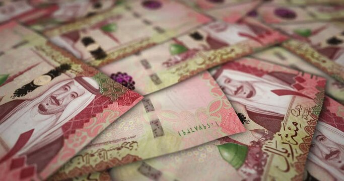 Saudi Arabia Rial 100 SAR banknote surface. Flying over Saudi Arabia money note. 3D abstract concept of business, inflation, economy, finance, crisis and banking.