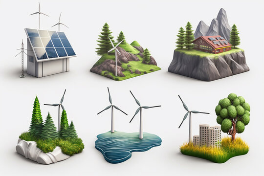 Creative collage, renewable energy, sources eco-conscious energy