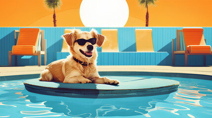 Illustration of dog on vacation at swimming pool