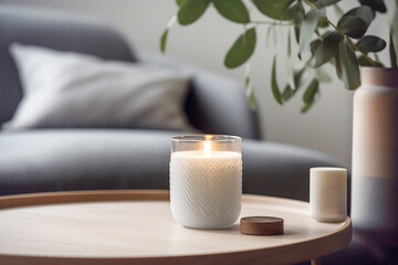 Lit candle in a glass jar on a coffee table in a living room with gray couch cushions green potted plant. Cozy atmosphere. Interior design concept. AI generated