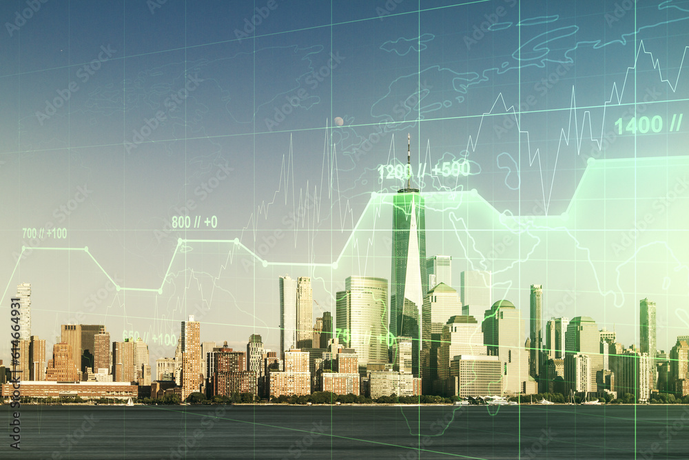 Poster Multi exposure of stats data illustration on New York city skyline background, computing and analytics concept
