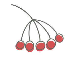 Autumn red branch with leaves with a gray outline. Isolated vector element on a white background. Linear branch with rowan berries