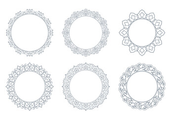 Set of decorative frames Elegant vector element for design in Eastern style, place for text. Floral gray and white borders. Lace illustration for invitations and greeting cards