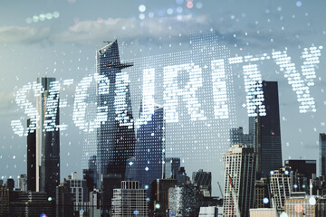 Fototapeta na wymiar Virtual cyber security creative concept on New York city office buildings background. Double exposure