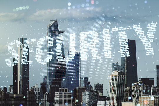 Virtual cyber security creative concept on New York city office buildings background. Double exposure