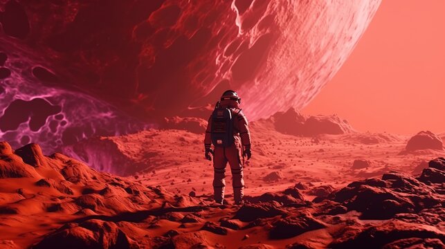 Back view of full body astronaut exploring planet surface. Generative AI. Illustration for banner, poster, cover or presentation.