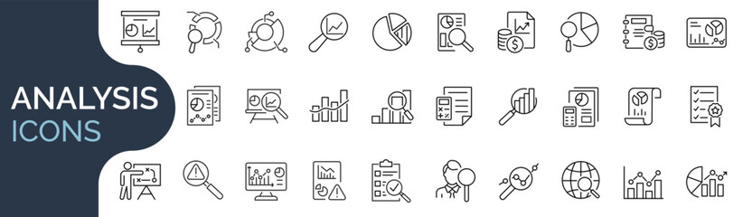 Set of outline icons related to analysis, infographic, analytics. Editable stroke. Vector illustration.  - obrazy, fototapety, plakaty