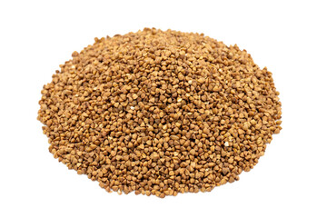 Buckwheat isolated on white background. Pile of buckwheat grains. close up