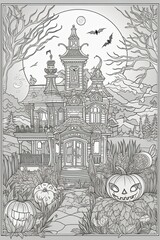 Spooky Coloring Fun: Dive into a Halloween-themed coloring book adventure in black and white. Generative AI.