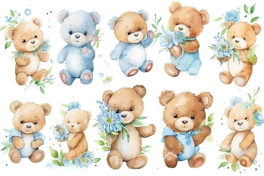 set of cute teddy bear in spring season painted in watercolor on a white isolated background. Generative AI