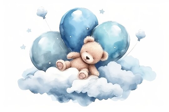 cute baby teddy bear sleeping on the cloud painted in watercolor on a white isolated background. Generative AI
