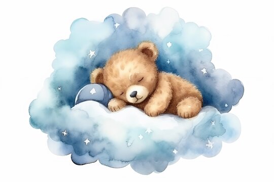 Naklejka cute baby teddy bear sleeping on the cloud painted in watercolor on a white isolated background. Generative AI